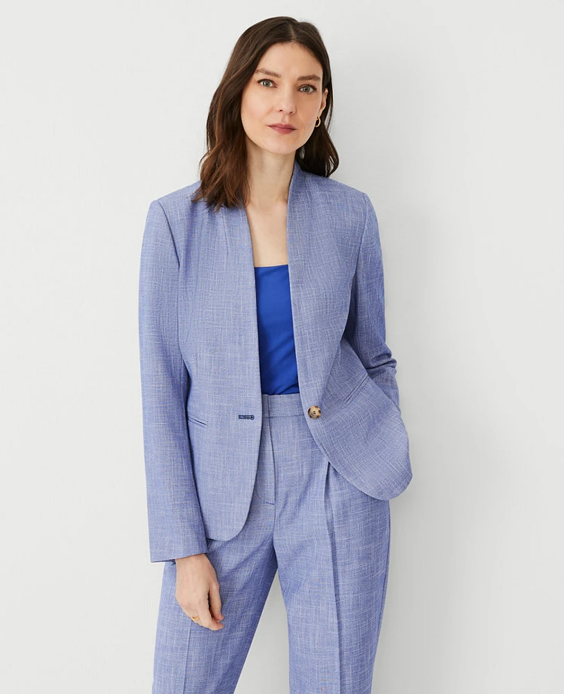 Ann Taylor The Petite Cutaway Blazer Cross Weave Azurine Blue Women's