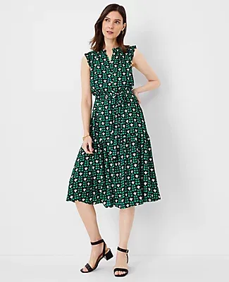 Ann Taylor Floral Tile Ruffle Belted Flare Dress