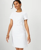 Ann Taylor The Short Sleeve Belted A-Line Dress in Stretch Cotton Size 2 White Women's