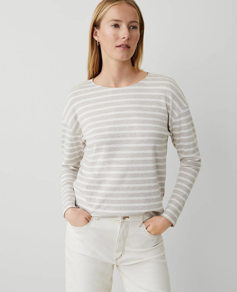 Ann Taylor AT Weekend Striped Drop Shoulder T-Shirt Pale Sand Heather Women's