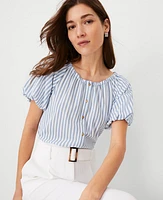 Ann Taylor Striped Bubble Sleeve Button Top Coastline Blue Women's