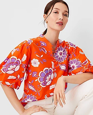 Ann Taylor Floral Cotton Blend Pleated Sleeve Popover Top