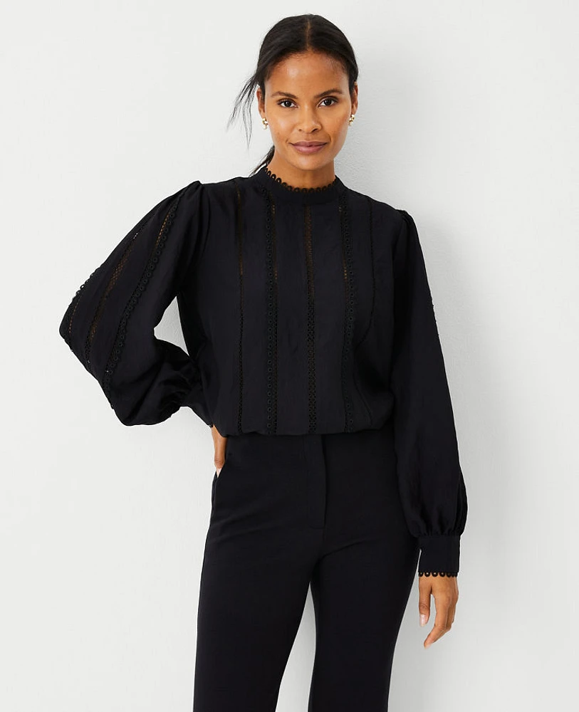 Ann Taylor Tall Eyelet Pintucked Blouse Black Women's