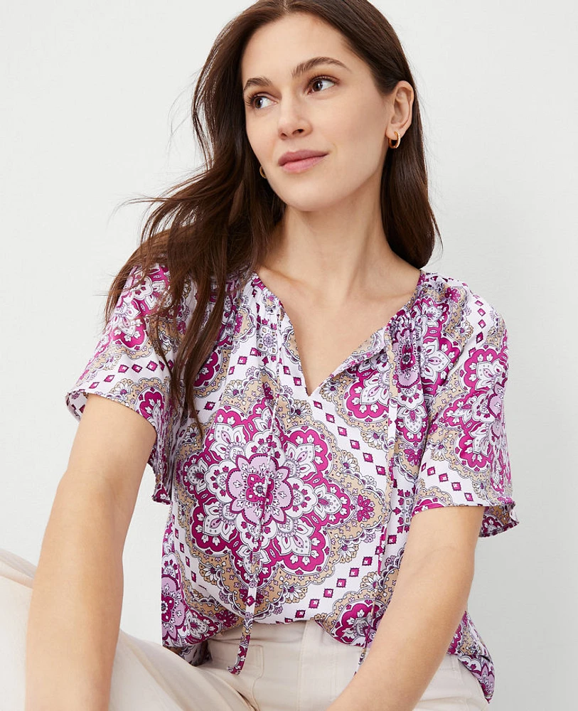 Ann Taylor Tile Flounce Sleeve Popover Top Magenta Shadow Women's