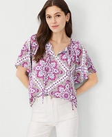 Ann Taylor Tile Flounce Sleeve Popover Top Magenta Shadow Women's