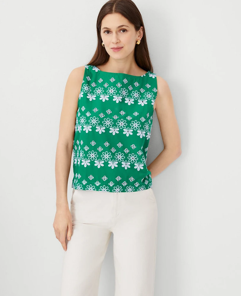 Ann Taylor Eyelet Boatneck Shell Top Jolly Green Women's