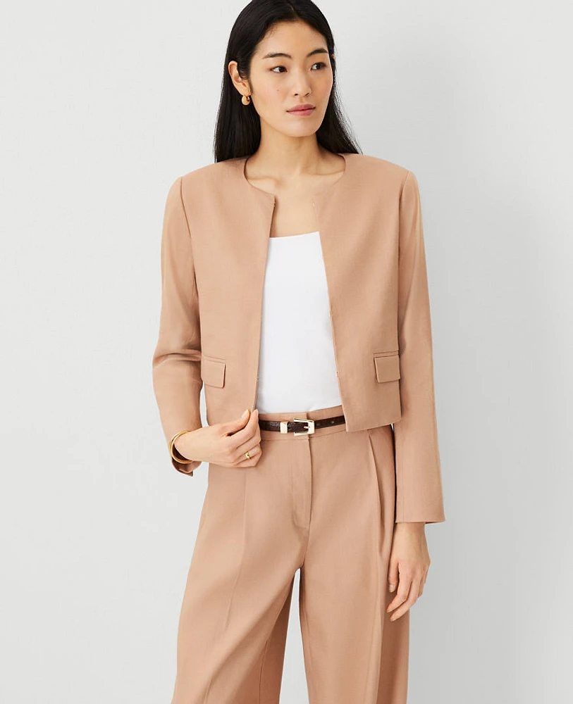 Ann Taylor The Cropped Crew Neck Jacket Linen Twill Camel Taupe Women's