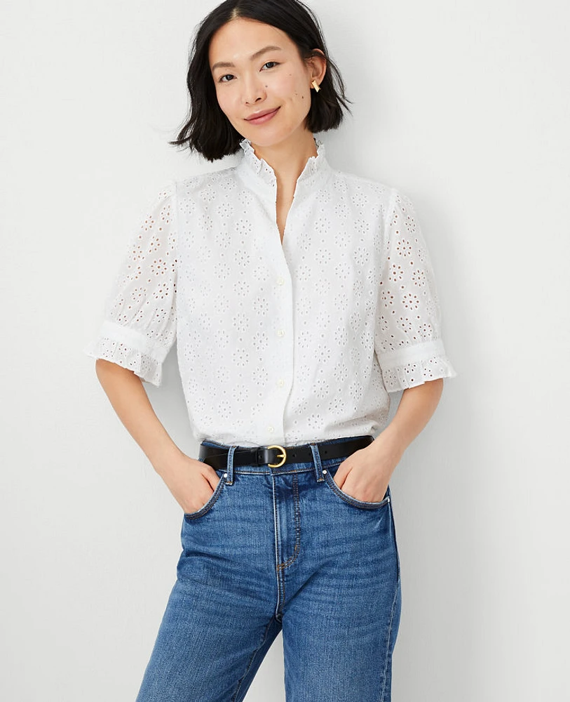 Ann Taylor Cotton Eyelet Ruffle Button Top White Women's