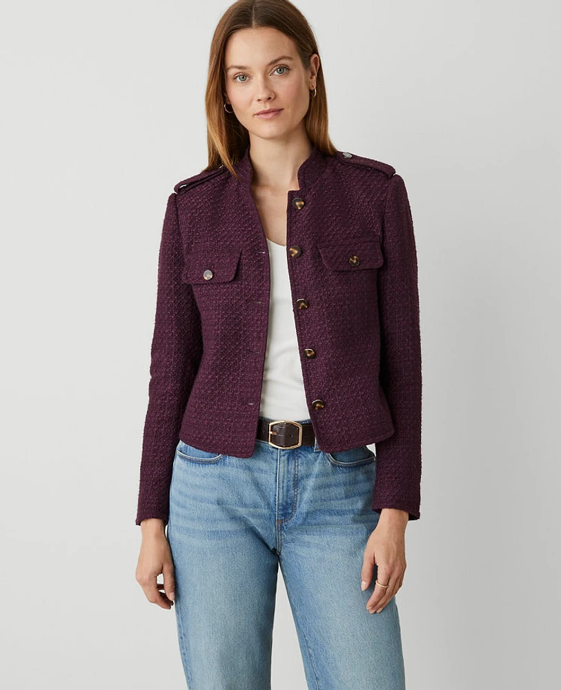 Ann Taylor Tweed Stand Collar Military Jacket Plum Rose Women's