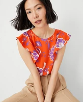 Ann Taylor Floral Ruffle Shoulder Top Flame Azalea Women's