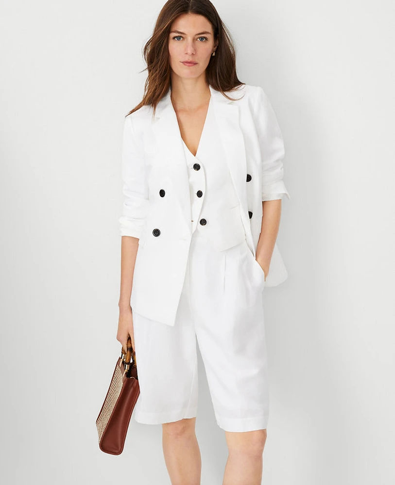 Ann Taylor The Petite Tailored Double Breasted Blazer Linen Blend White Women's