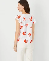 Ann Taylor Floral Flutter Sleeve Pima Cotton Top Size XS Flame Azalea Women's