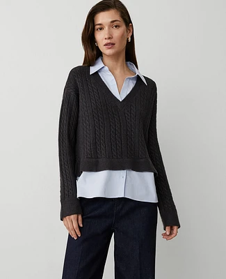 Ann Taylor Collared Mixed Media Sweater Heathered Onyx Women's