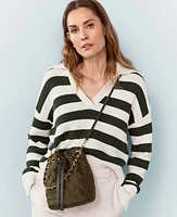 Ann Taylor AT Weekend Stripe Collared Sweater Green/White Women's