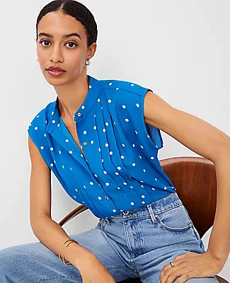 Ann Taylor Dotted Shirred Button Top