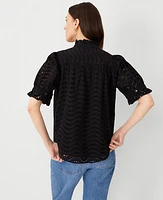 Ann Taylor Eyelet Ruffle Button Top Black Women's