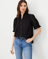 Ann Taylor Eyelet Ruffle Button Top Black Women's