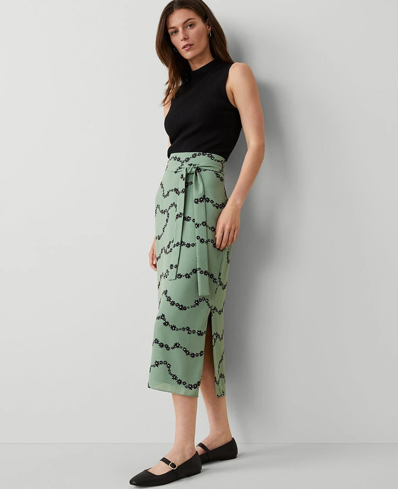 Ann Taylor Tie Waist Floral Column Skirt Lush Palm Women's