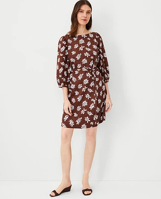 Ann Taylor Leafed Linen Blend Puff Sleeve Shift Dress Brown Stone Women's