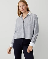 Ann Taylor AT Weekend Striped Cotton Blend Shirt Pure Blue Sky Women's