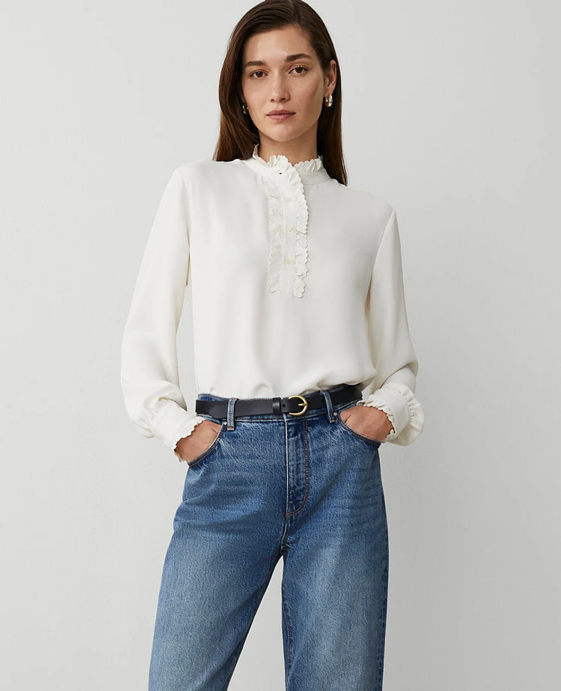 Ann Taylor Scallop Ruffle Trim Top Winter White Women's