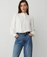 Ann Taylor Scallop Ruffle Trim Top Winter White Women's