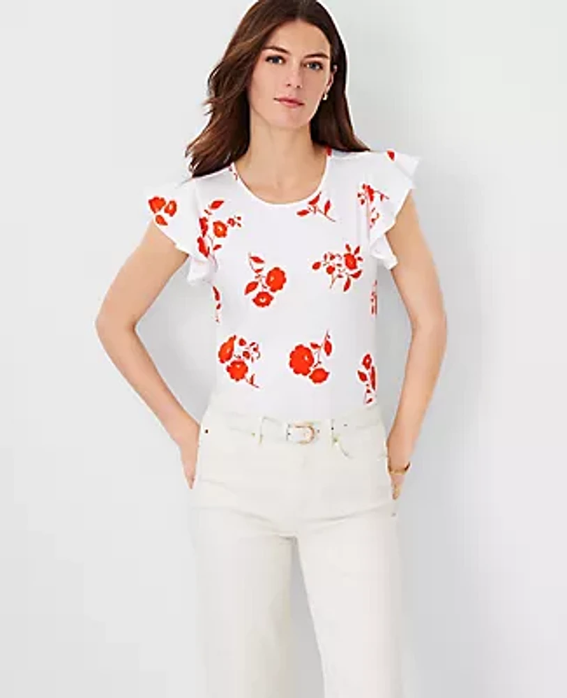 Ann Taylor Petite Floral Flutter Sleeve Pima Cotton Top