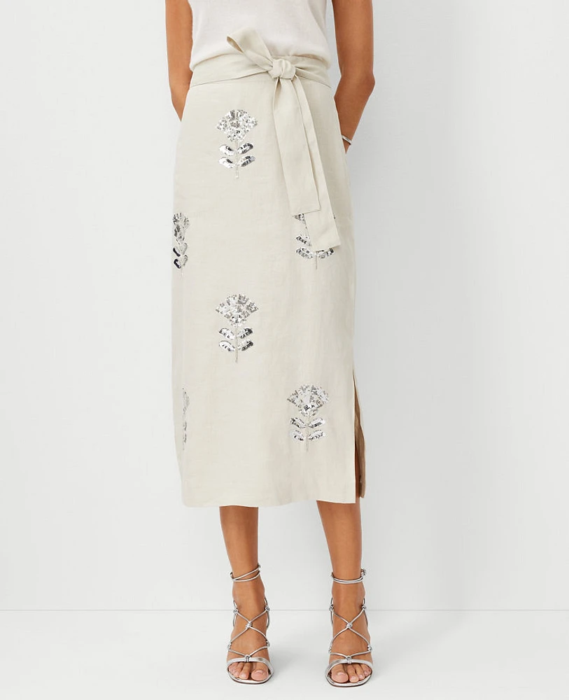 Ann Taylor Studio Collection Sequin Tie Waist Midi Skirt Polished Stone Women's