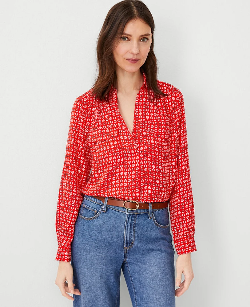 Ann Taylor Geo Camp Shirt Fiery Red Women's