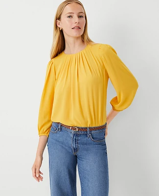 Ann Taylor Mixed Media Pleat Neck Top Spring Marigold Women's