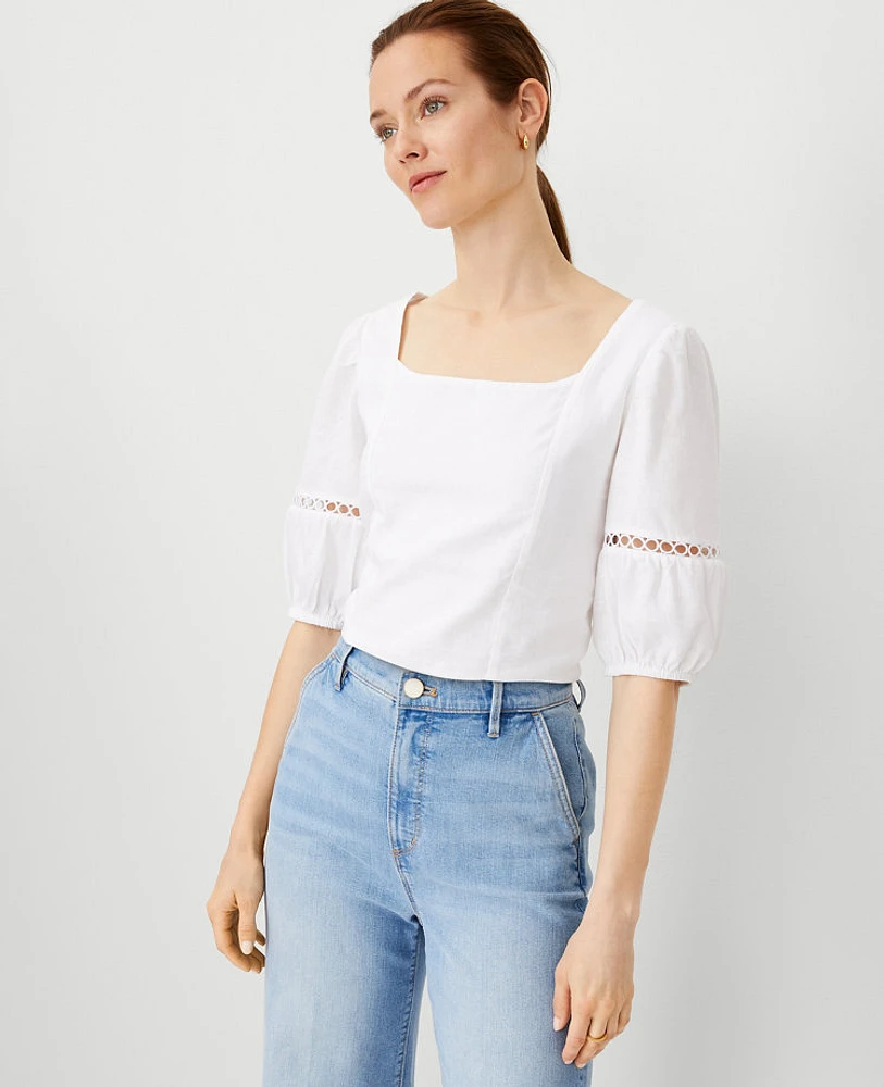 Ann Taylor Square Neck Puff Sleeve Top White Women's