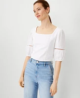 Ann Taylor Linen Blend Square Neck Puff Sleeve Top White Women's