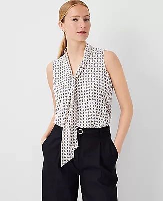 Ann Taylor Geo Bow Tie Neck Shell Top