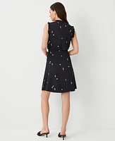 Ann Taylor Floral Ruffle Neck Flare Dress Black Women's