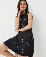 Ann Taylor Floral Ruffle Neck Flare Dress Black Women's