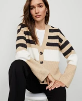 Ann Taylor Stripe Ribbed Cardigan Camel/White Combo Women's