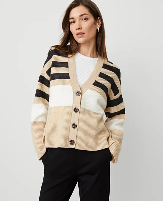 Ann Taylor Stripe Ribbed Cardigan Camel/White Combo Women's