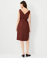 Ann Taylor Petite Linen Blend Belted V-Neck Sheath Dress Brown Stone Women's