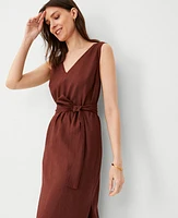 Ann Taylor Petite Linen Blend Belted V-Neck Sheath Dress Brown Stone Women's