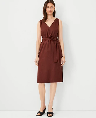 Ann Taylor Petite Linen Blend Belted V-Neck Sheath Dress Brown Stone Women's