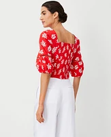 Ann Taylor Leafed Linen Blend Square Neck Puff Sleeve Top Fiery Red Women's