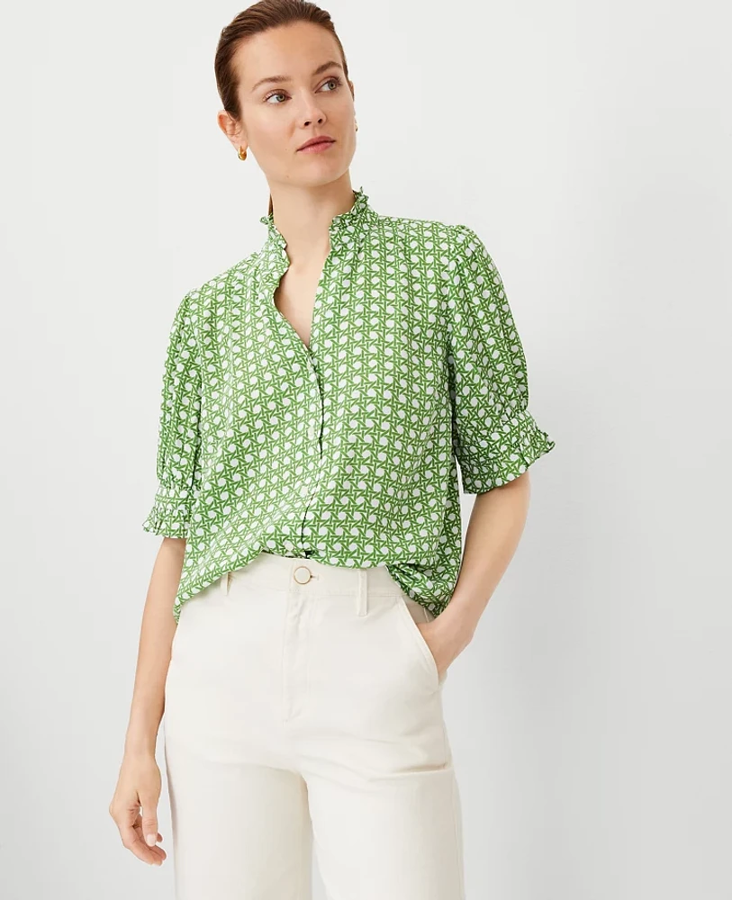 Ann Taylor Petite Geo Ruffle Button Top Matcha Women's