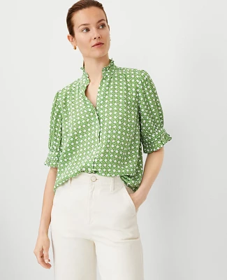 Ann Taylor Petite Geo Ruffle Button Top Matcha Women's