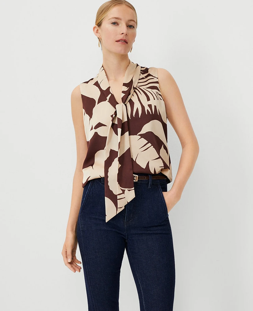 Ann Taylor Petite Tropical Tie Neck Top Toasted Oat Women's