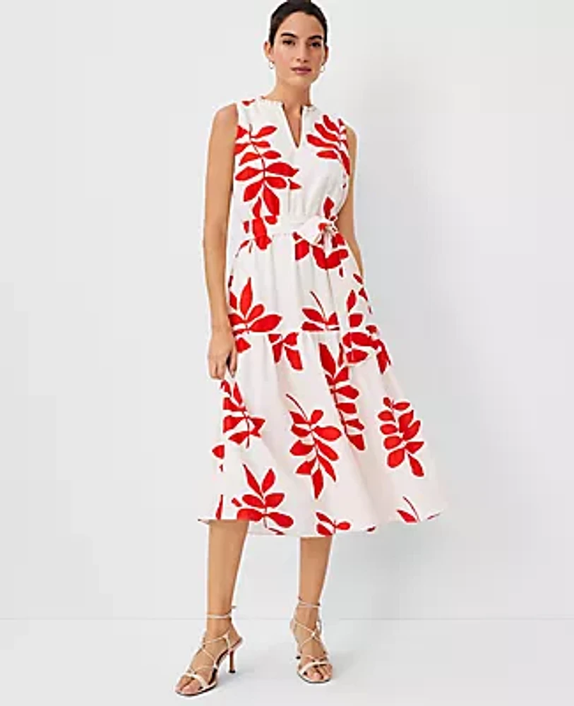 Ann Taylor Petite Leaf Split Neck Flare Midi Dress