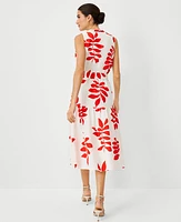 Ann Taylor Petite Leaf Split Neck Flare Midi Dress Fiery Red Women's