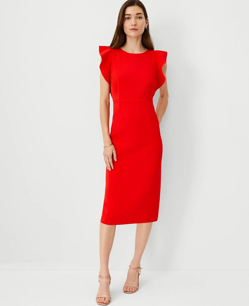 Ann Taylor Petite Ruffle Shoulder Sheath Midi Dress Fiery Red Women's