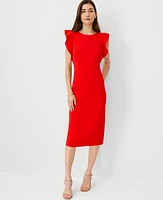 Ann Taylor Petite Ruffle Shoulder Sheath Midi Dress Fiery Red Women's