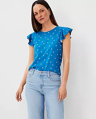 Ann Taylor Petite Dotted Cotton Flutter Sleeve Top