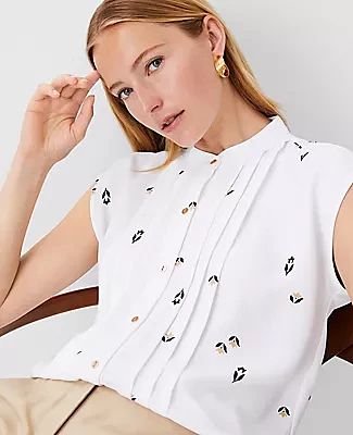 Ann Taylor Petite Floral Shirred Button Top